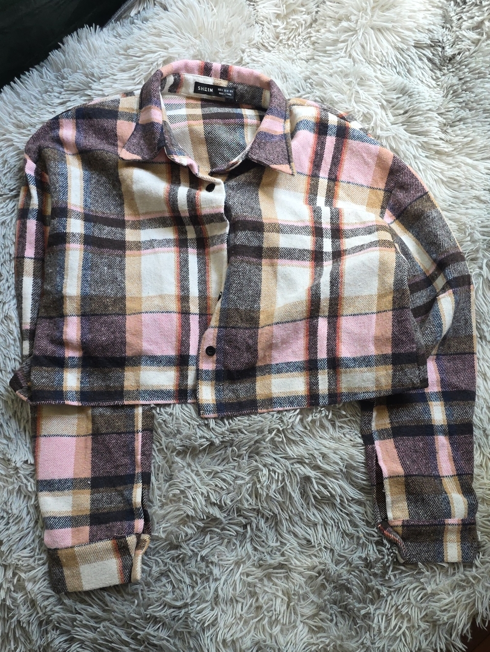 SHEIN Cropped Plaid Shacket in Pink, Brown & Cream